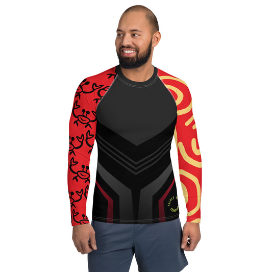 Image of a black long sleeve rash guard with red sleeves, yellow sun lines on one sleeve, outline of a happy ghost crab on the other, geometric gray and black design in the front with the words "Secret Beach Creations" on the lower right and a repeating paddle board pattern in the back.
