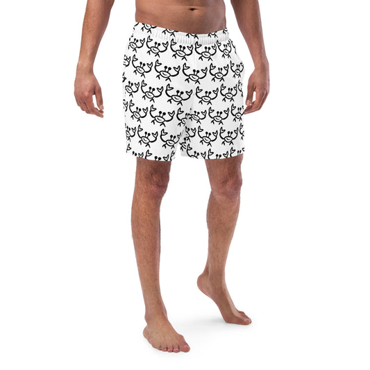 Image of a white swim trunk with a printed pattern of a happy ghost crab outline.