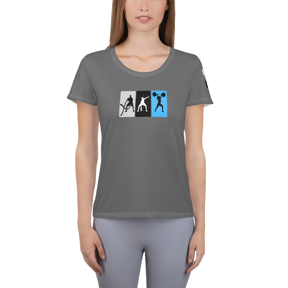 Image of a dark gray athletic t-shirt with crossfit designs.