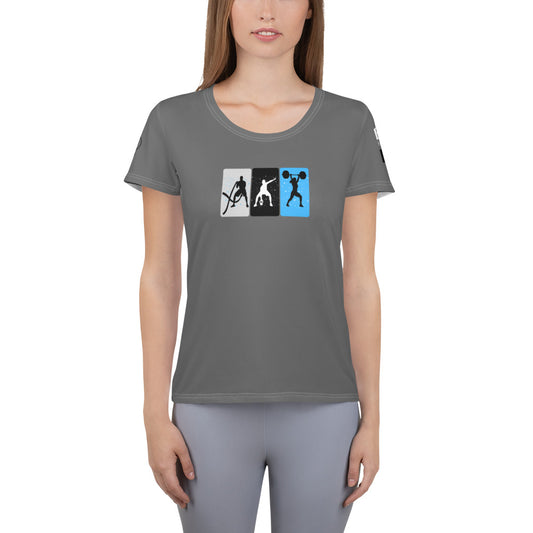 Image of a dark gray athletic t-shirt with crossfit designs.