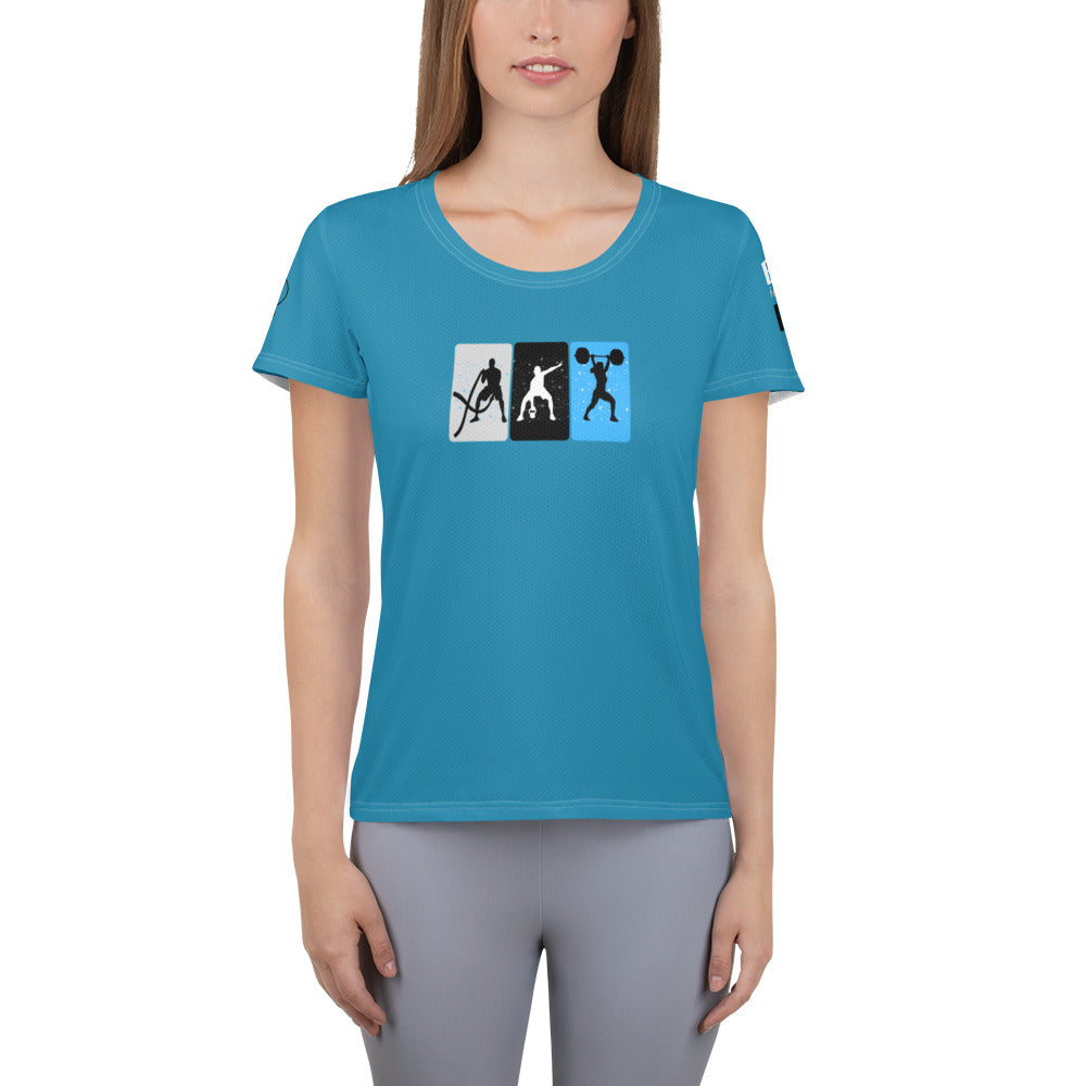 Image of a blue color athletic t-shirt with crossfit designs.
