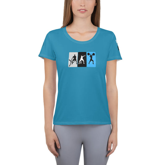 Image of a blue color athletic t-shirt with crossfit designs.