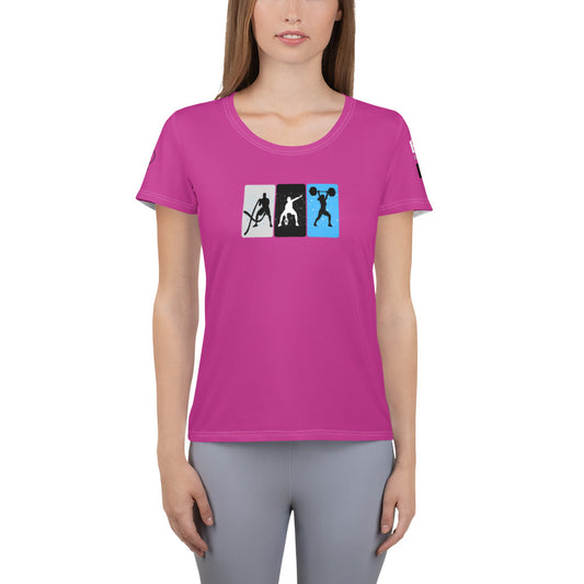 Image of a red violet color athletic t-shirt with crossfit designs.