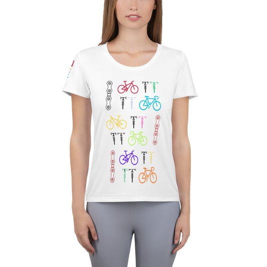 Image of a white color athletic t-shirt with bicycle and chain designs.