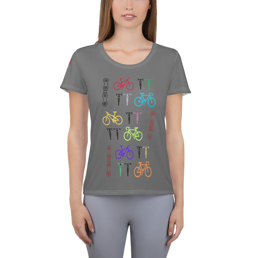 Image of a gray athletic t-shirt with bicycle and chain designs.