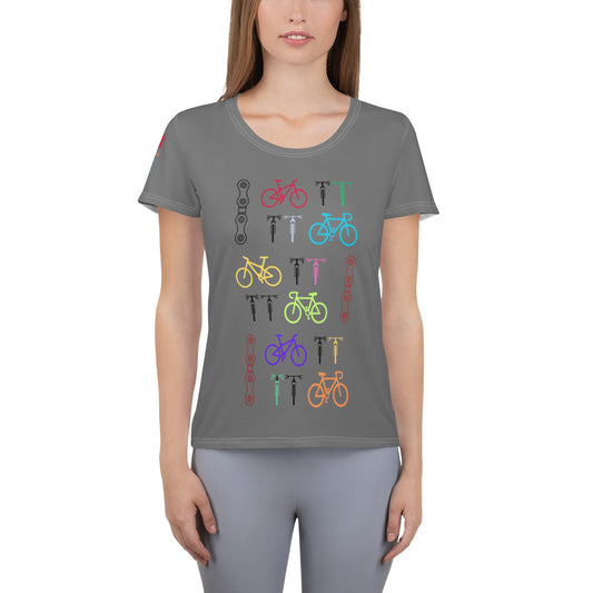 Image of a gray athletic t-shirt with bicycle and chain designs.