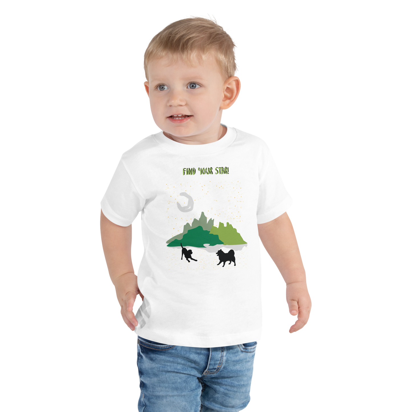 White shirt dogs in a landscape of green mountains, stars and moon for todlers
