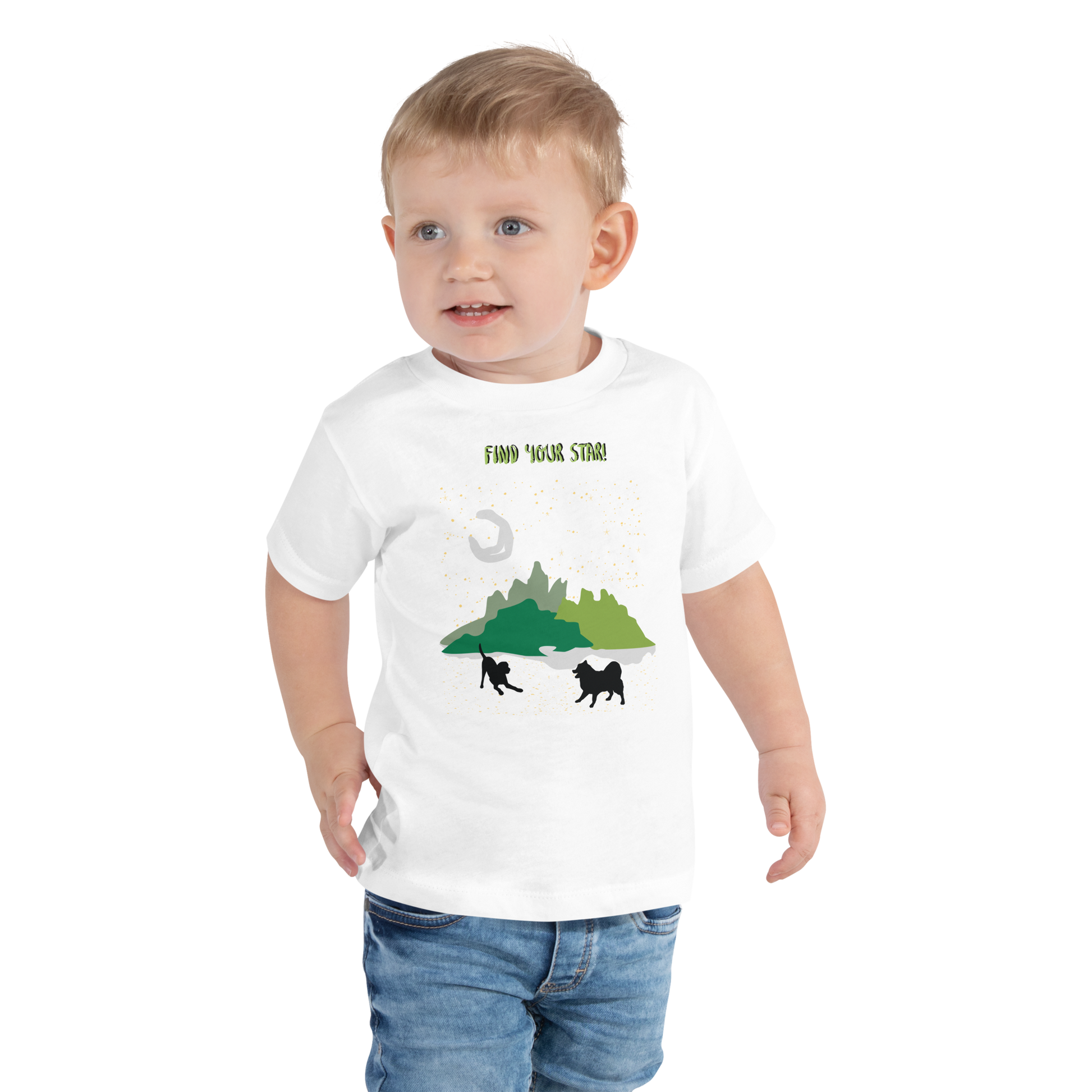 White shirt dogs in a landscape of green mountains, stars and moon for todlers