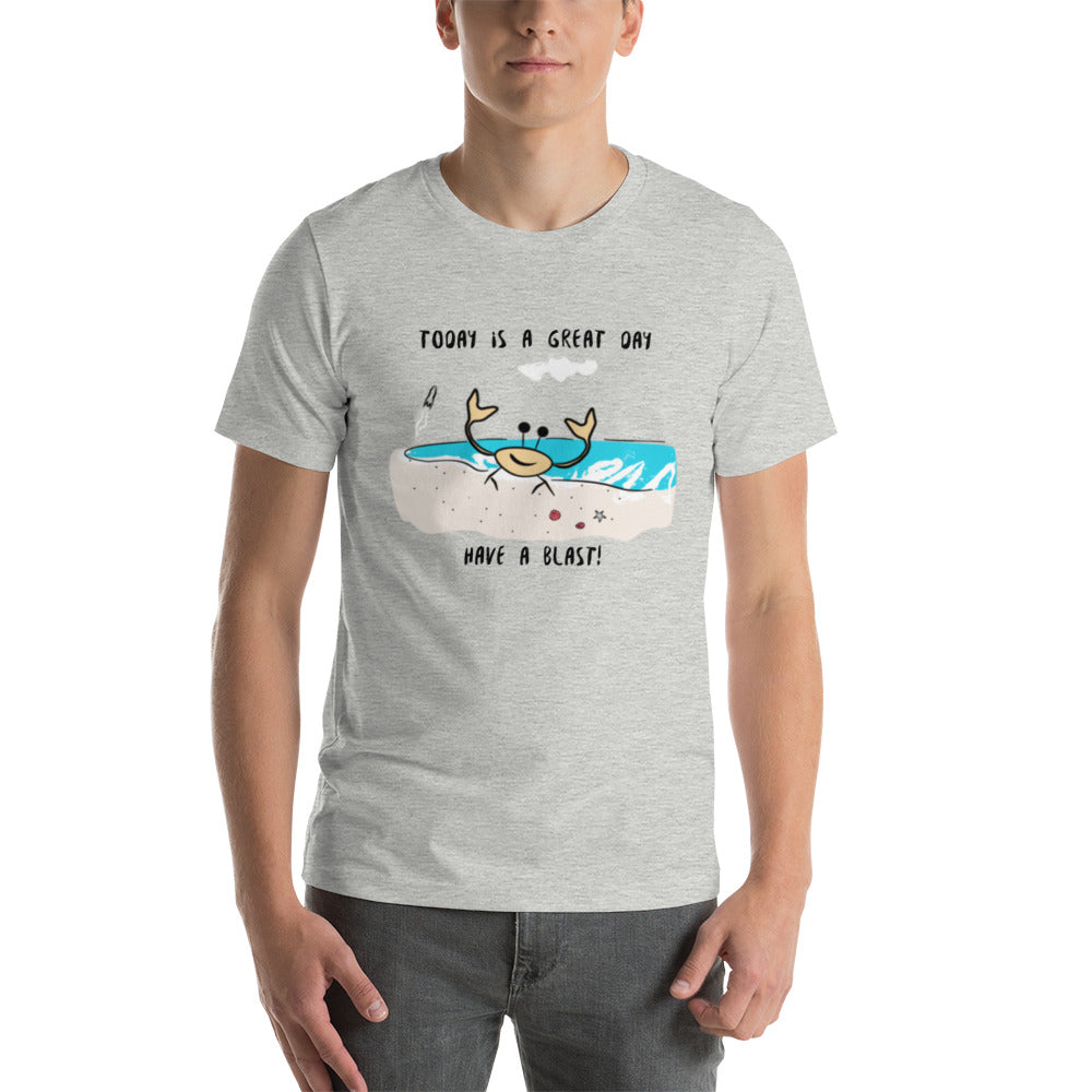 Image of a heather color t-shirt with a ghost crab in front of a sandy beach and a small rocket lifting off in the background with and the words "Today is a great day" and "have a blast".