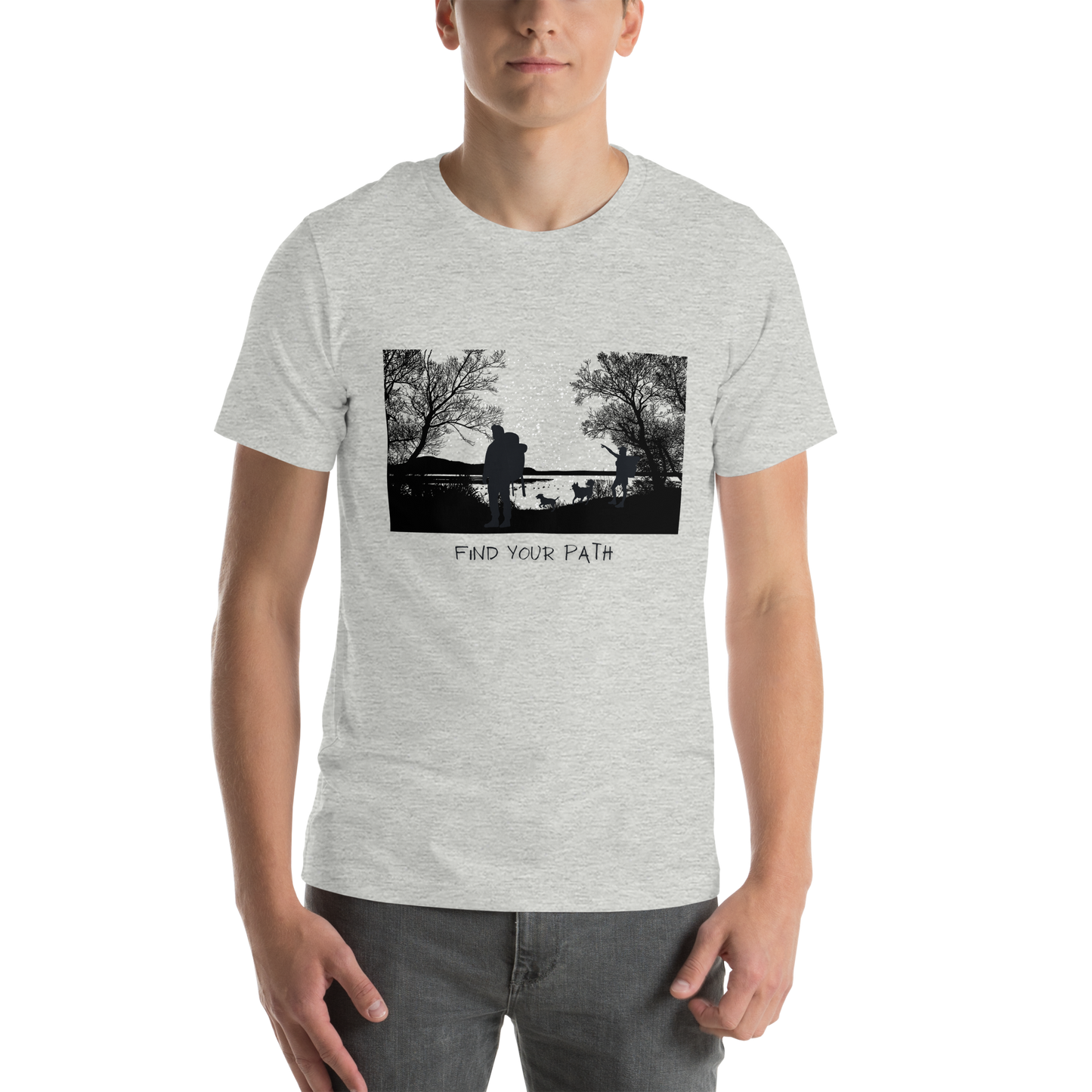 Image of a heather color t-shirt with a silhouette of a hiker and dogs in front of a lake, trees and stars with the words "find your path".