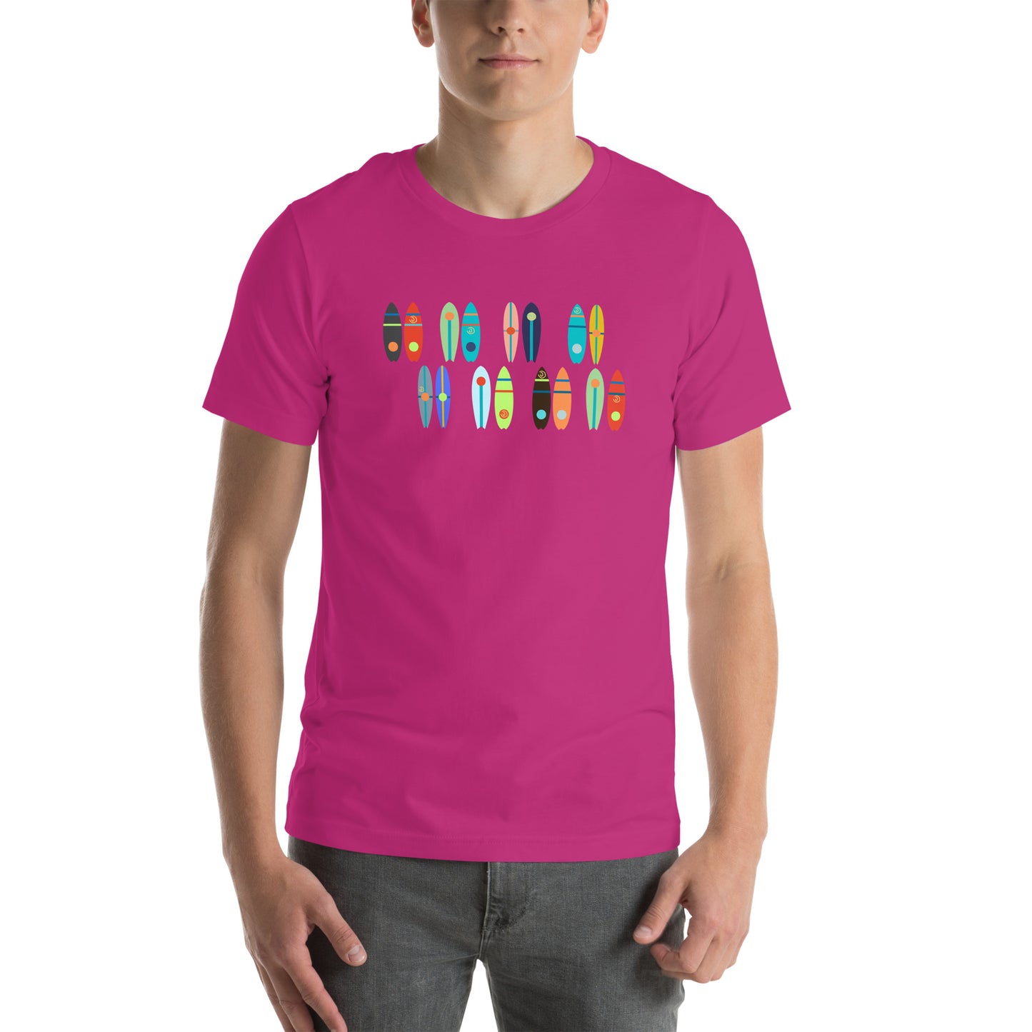 Image of a bright fuchsia t-shirt with paddle board and kayak designs.