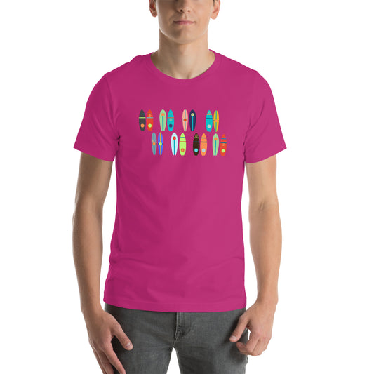 Image of a bright fuchsia t-shirt with paddle board and kayak designs.