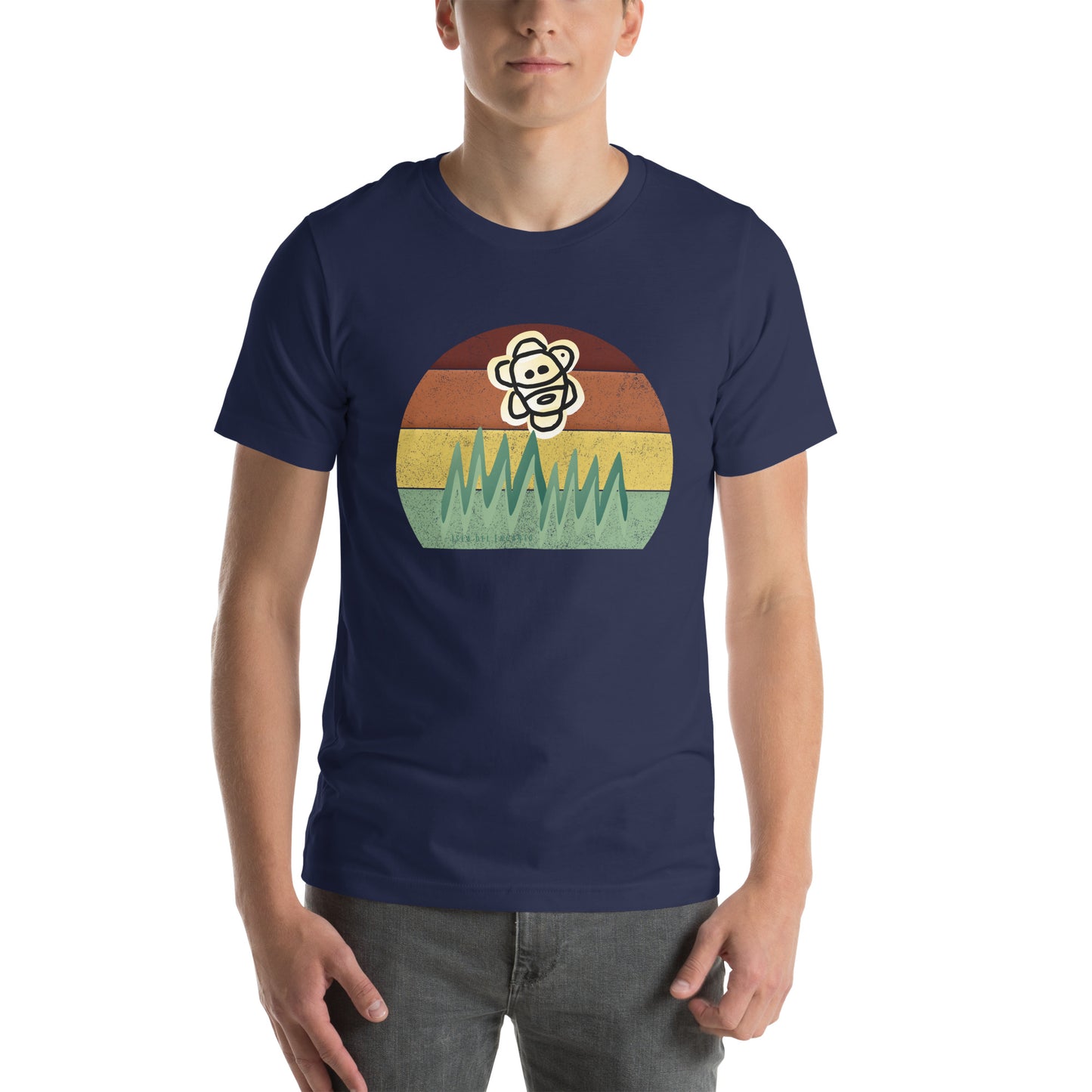 Image of a navy color shirt with a Taino sun design over mountain peaks and the words "Isla del Encanto".