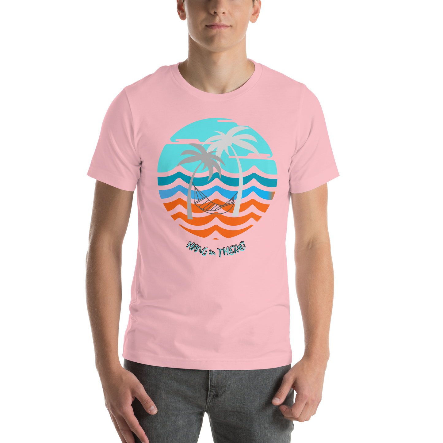 Image of a pink t-shirt with a hammock and palm trees in front of ocean waves design and the words "Hang in there".
