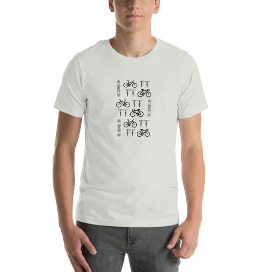 Image of a white t-shirt with bicycle and chain designs.