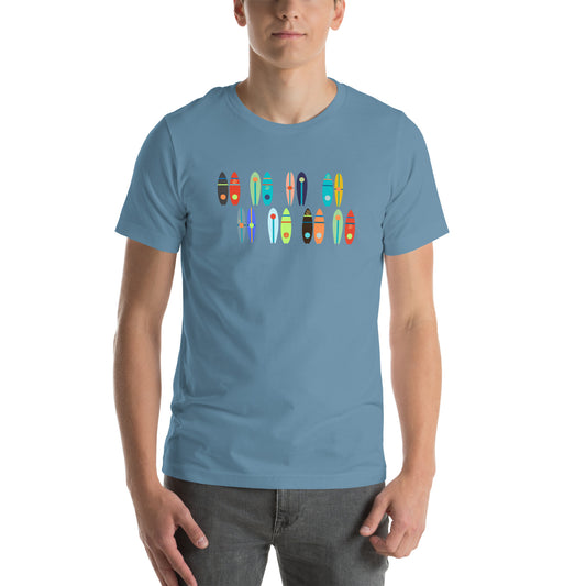 Image of ateal color t-shirt with paddle boards and kayak designs.