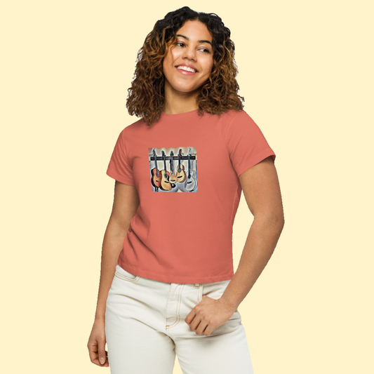 Image of a red sorbert color t-shirt with a stylized multiple guitars design.