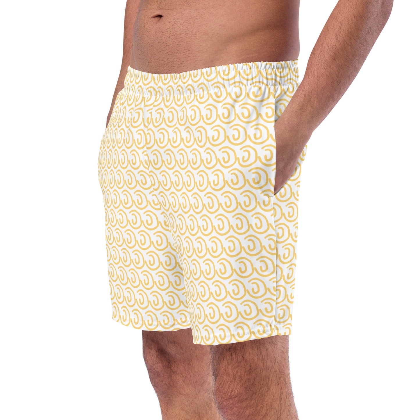 Image of a white swim trunk with a printed pattern of a yellow sun outline.