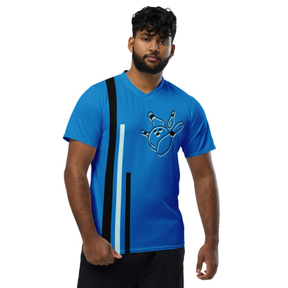 Image of a blue sports jersey  with black and white vertical stripes on the left and a an outline design of a bowling ball toppling pins on the top right. The back side has a colorful pattern of bowling balls toppling pins.