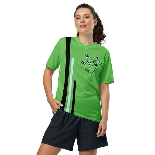 Image of a green sports jersey  with black and white vertical stripes on the left and a an outline design of a bowling ball toppling pins on the top right. The back side has a colorful pattern of bowling balls toppling pins.