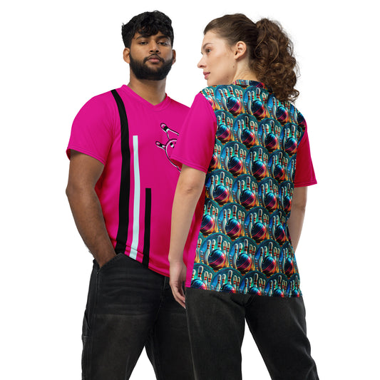 Image of a bright pink sports jersey  with black and white vertical stripes on the left and a an outline design of a bowling ball toppling pins on the top right. The back side has a colorful pattern of bowling balls toppling pins.