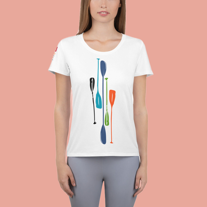 Image of a white athletic t-shirt with paddles designs.