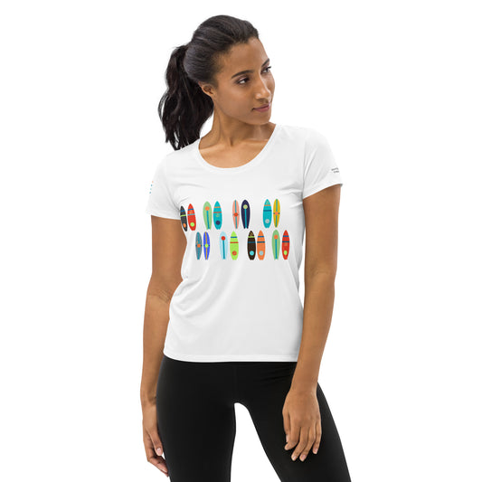 Image of a white athletic t-shirt with kayak and paddle boards designs.