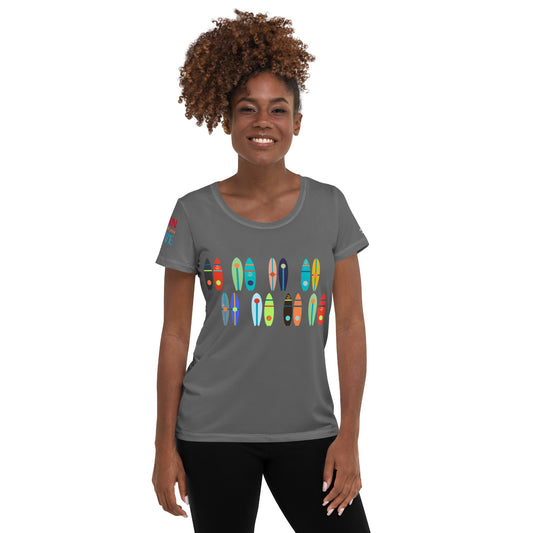 Image of a gray athletic t-shirt with kayak and paddle boards designs.