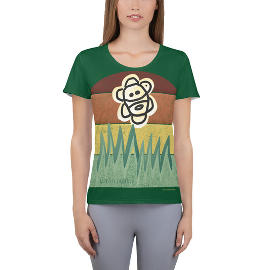 Image of a green athletic t-shirt for women with a design of a Taino sun over mountain peaks and words: Isla del Encanto