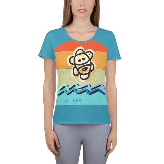 Image of a blue athletic t-shirt for women with a design of a Taino sun and ocean waves and words: Isla del Encanto