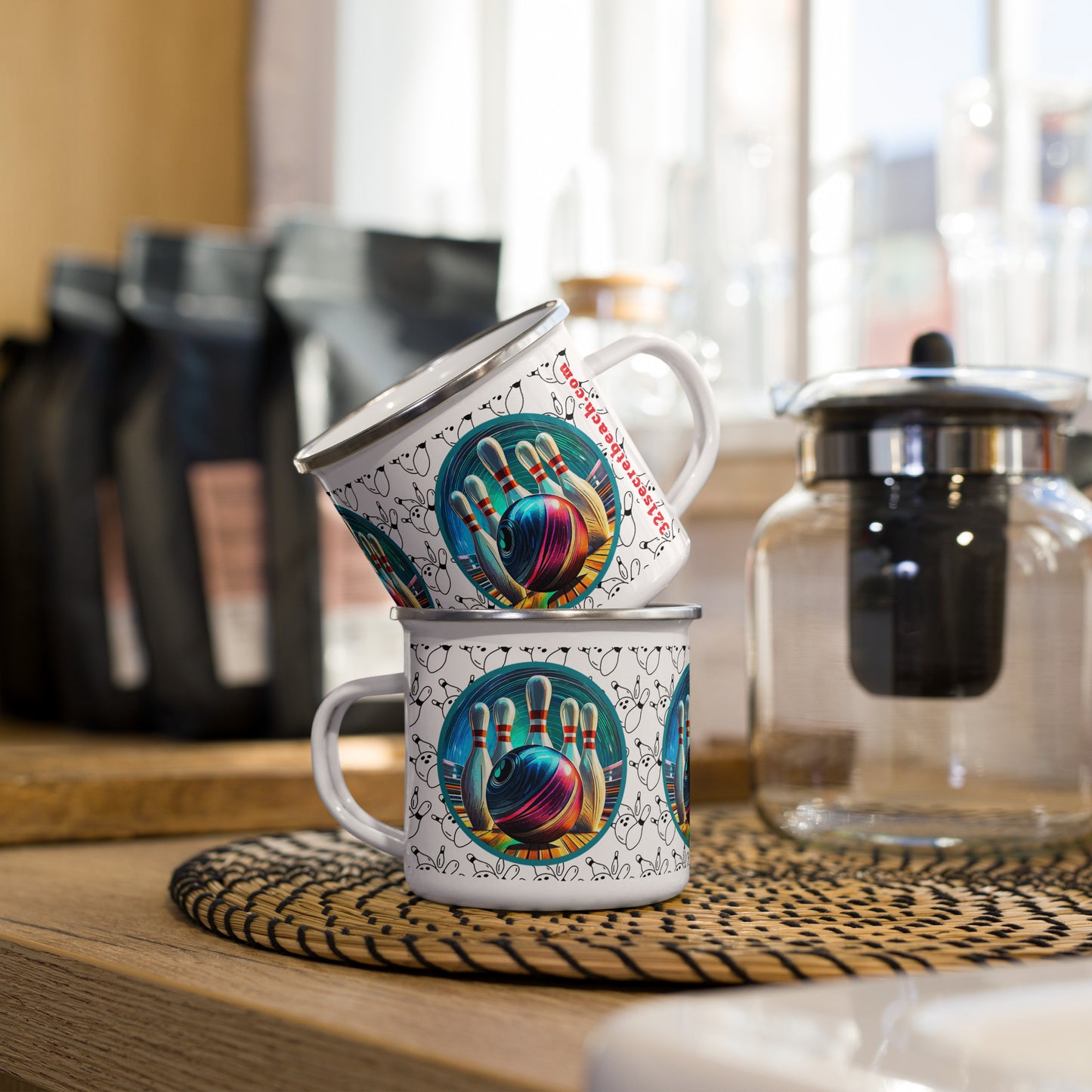 Image of a white metal mug with an AI generated scene of a colorful bowling ball approaching pins.