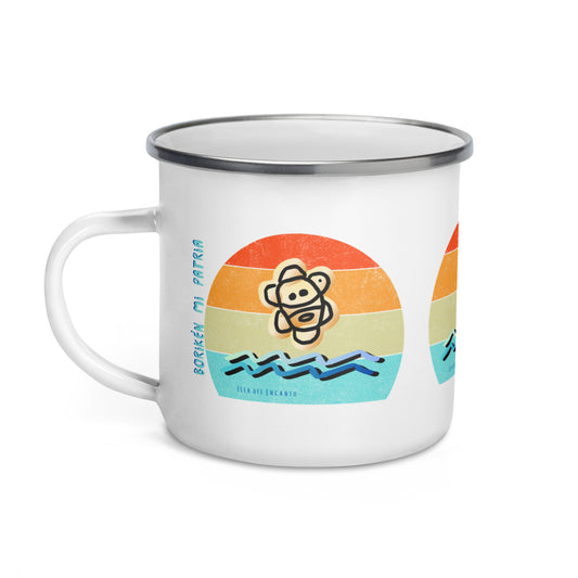 Image of a white metal mug with an a taino sun symbol over ocean waves in front of a sunset with the words "Borikén mi patria" and "Isla del Encanto".