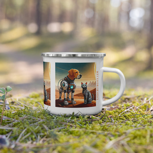 Image of a white metal mug with an AI generated scene of robotic pets on an alien planet.