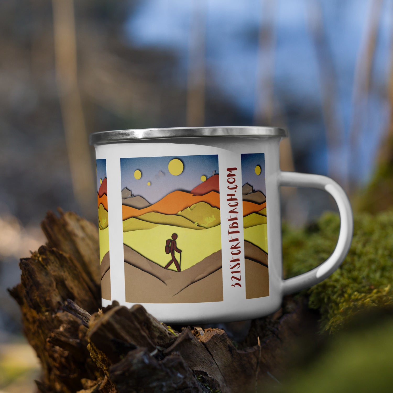 Image of a white metal mug with an AI generated scene of a hiker walking over mountains.