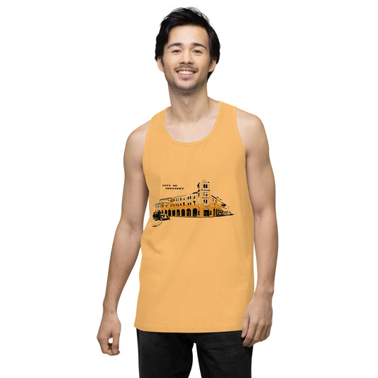 Image of a squash color tank top shirt with antique 1900 building stylized design and the words "lets go downtown".