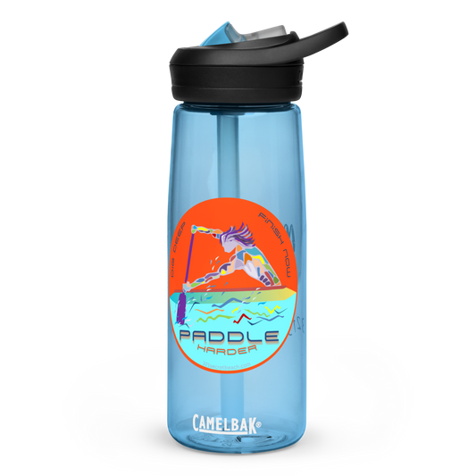 Image of a blue clear sports water bottle with a colorful paddler design and words 'dig deep', 'finish now' and 'paddle harder'. 