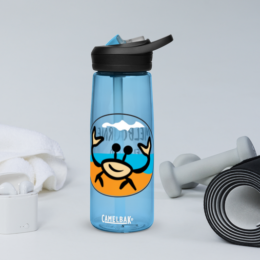 Image of an blue sports water bottle with a crab design.