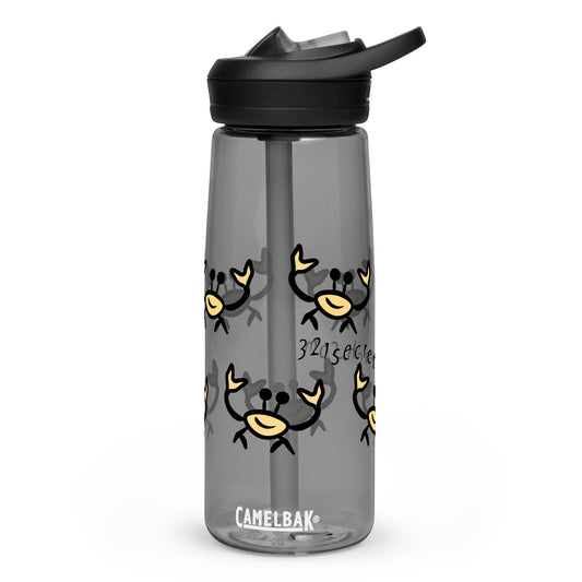 Image of a clear gray sports water bottle with ghost crab designs.