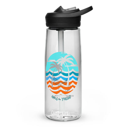 Image of a clear sports water bottle with palm trees and hammock in front of ocean waves design and the words 'hang in there'.