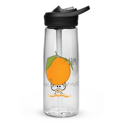 Image of a clear sports water bottle with a ghost crab holding an orange design.