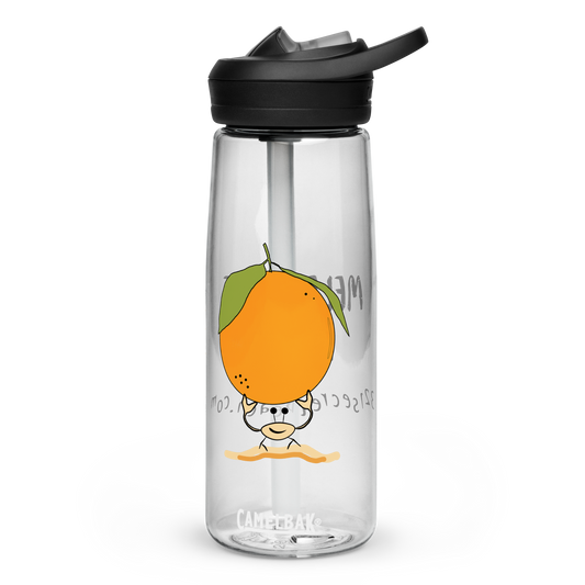 Image of a clear sports water bottle with a ghost crab holding an orange design.