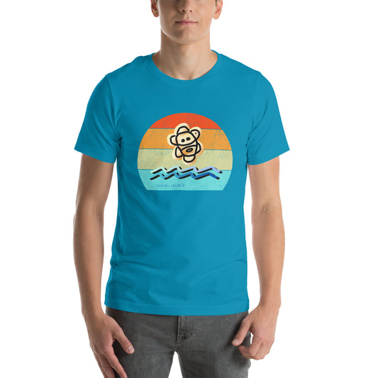 Image of a squash color tank top shirt with a Taino sun over ocean waves design and the words "Isla del Encanto".