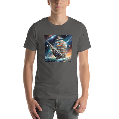 Image of a asphalt color t-shirt with a stylized AI-generated ocean going boat in space scene design.