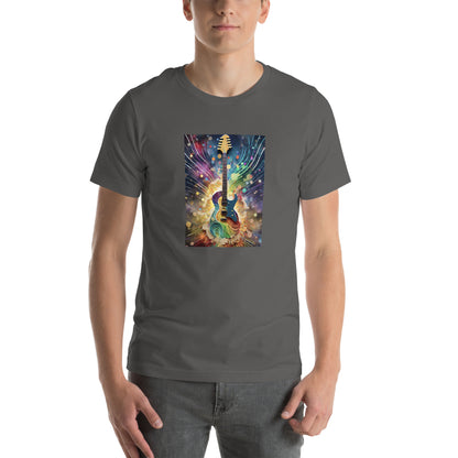 Image of a dark gray t-shirt with a colorful AI-generated groovy guitar design.