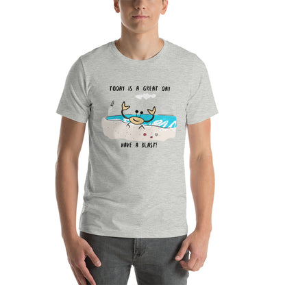 Image of a heather color t-shirt with a ghost crab in front of a sandy beach and a  small rocket lifting off in the background with and the words "Today is a great day" and "have a blast".