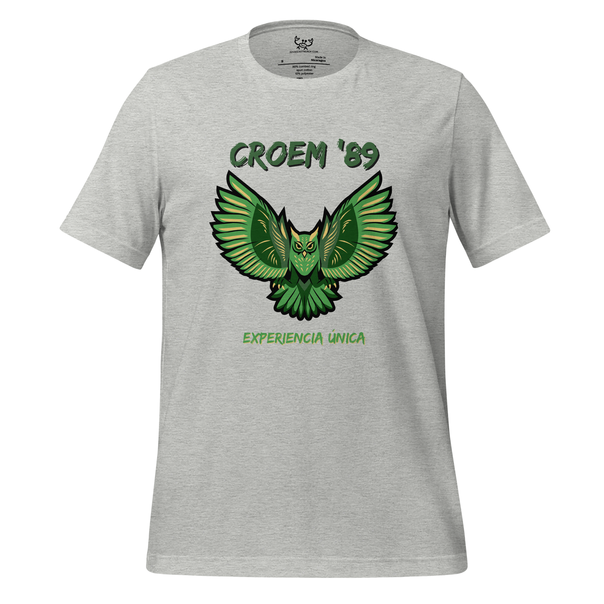 Image of a heather color t-shirt with a stylized green owl with the words "CROEM 89 experiencia unica".