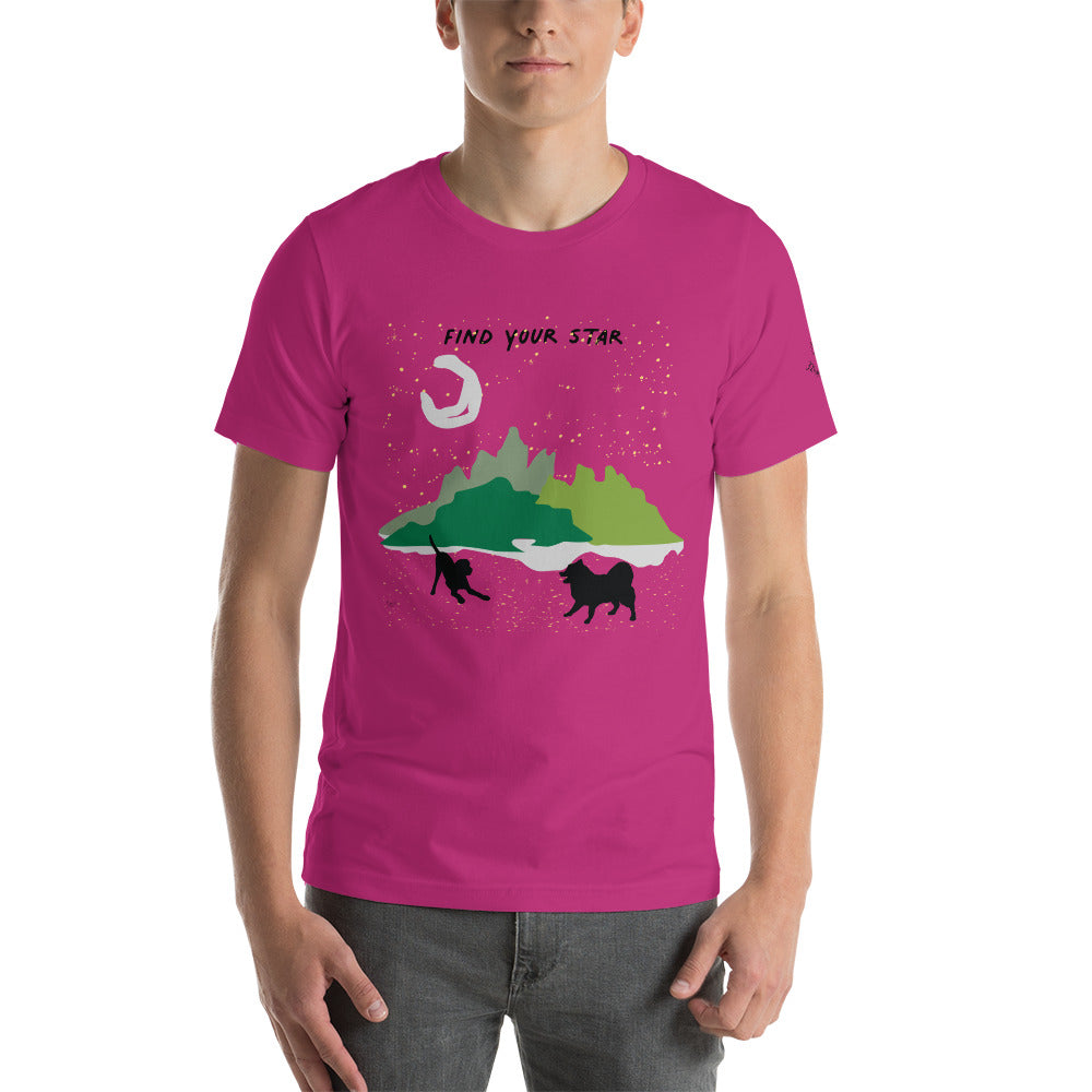 Image of a berry color t-shirt with a silhouette of playful dogs in front of green mountains under a starry night with a stylized moon and the words "Find your star".