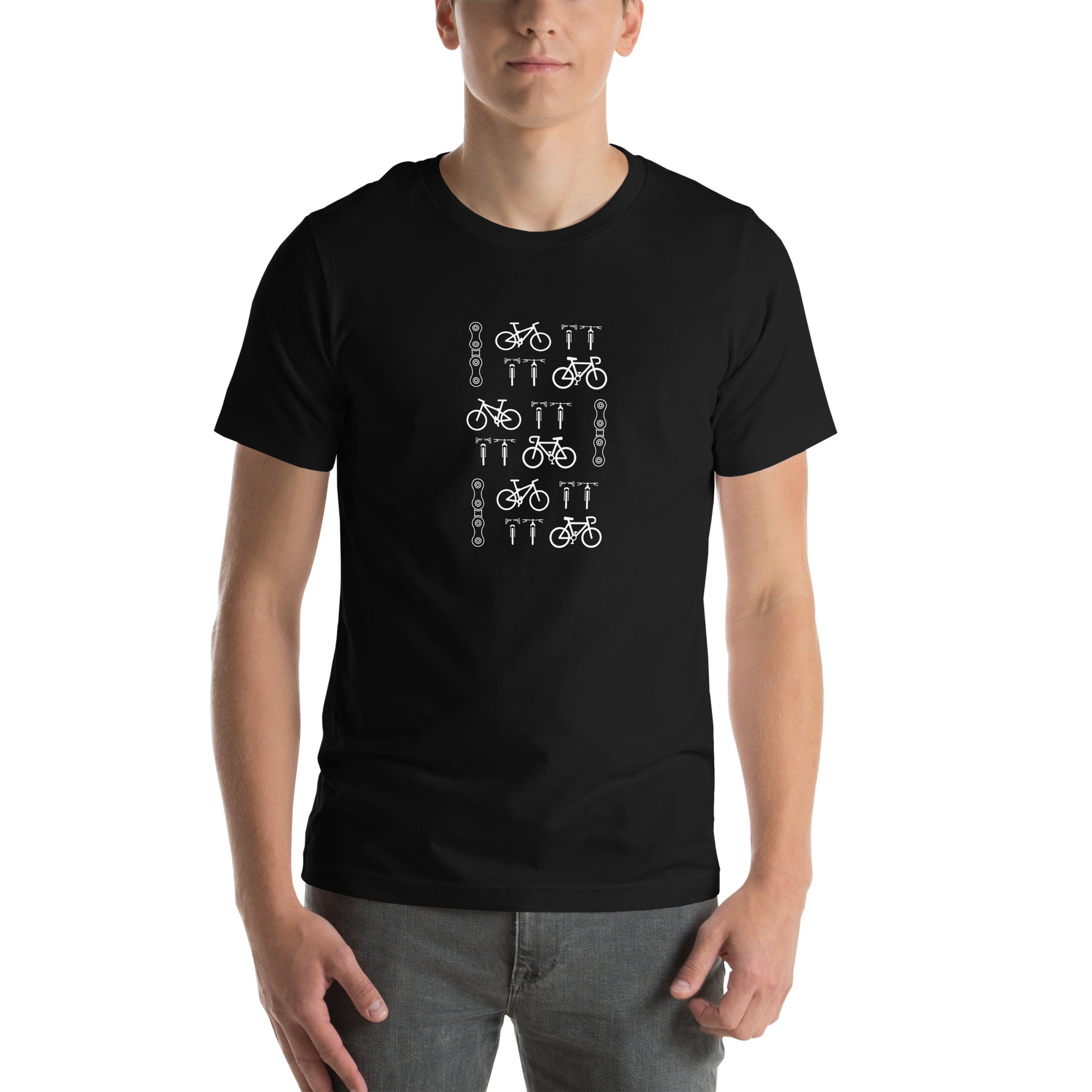 Image of a black t-shirt with bicyles and chain designs.