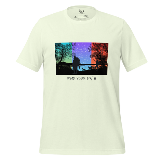 Image of a cintron color t-shirt with a colorful silhouette of a hiker and dogs in front of a lake, trees and stars with the words "find your path".