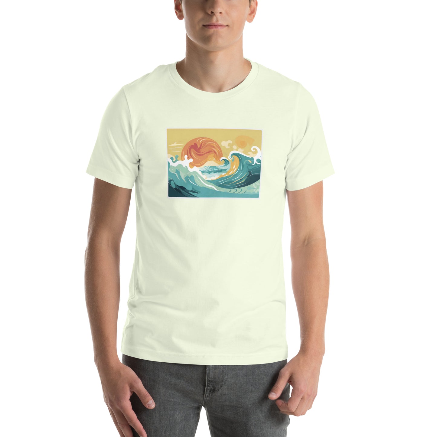 Image of a citron color t-shirt with a stylized AI-generated ocean waves and sunset scene design.